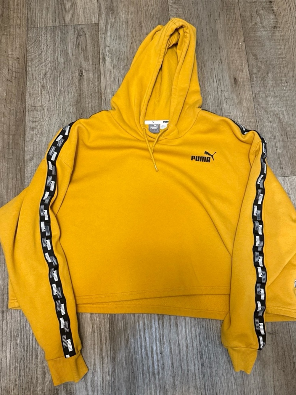 Puma Women’s Mustard Yellow Crewneck Hoodie with Logo Tape Sleeves crop top